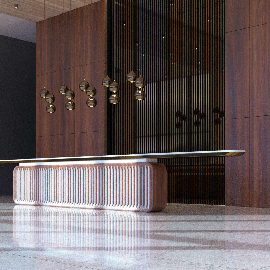Дизайн вестибюля в необычном стиле современного минимализма. В проекте использованы в качестве отделки натуральный камень, шпон, металические рейки, рейки из натурально камня.